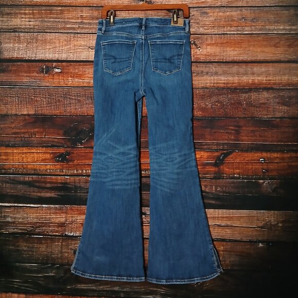 American Eagle Jeans Size 10 Super High Rise Slit Flare Blue Denim Stretch - Picture 4 of 12